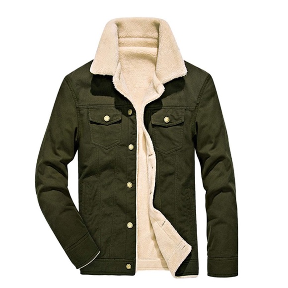 Other - Army Green Button Up Sherpa Fleece Lined Denim